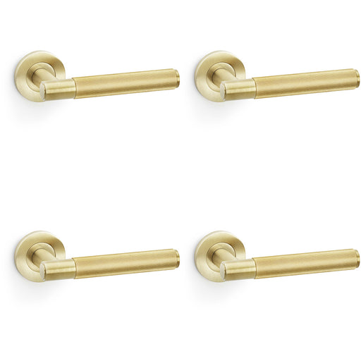 4 PACK SOLID BRASS Reeded Door Handle Set Satin Brass Straight Lever Round Rose