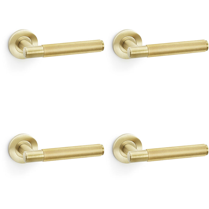 4 PACK SOLID BRASS Reeded Door Handle Set Satin Brass Straight Lever Round Rose