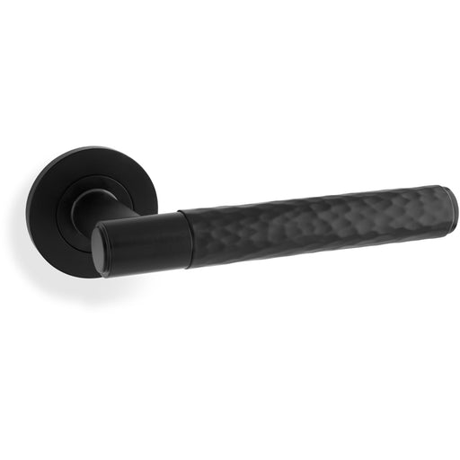 SOLID BRASS Hammered Door Handle Set - Matt Black Straight Lever On Round Rose