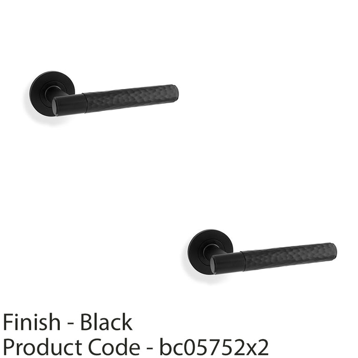 2 PACK SOLID BRASS Hammered Door Handle Set Matt Black Straight On Round Rose 1