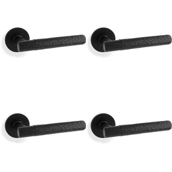 4 PACK SOLID BRASS Hammered Door Handle Set Matt Black Straight Lever Round Rose