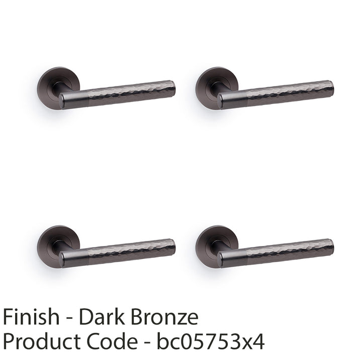 4 PACK SOLID BRASS Hammered Door Handle Set Dark Bronze Straight On Round Rose 1