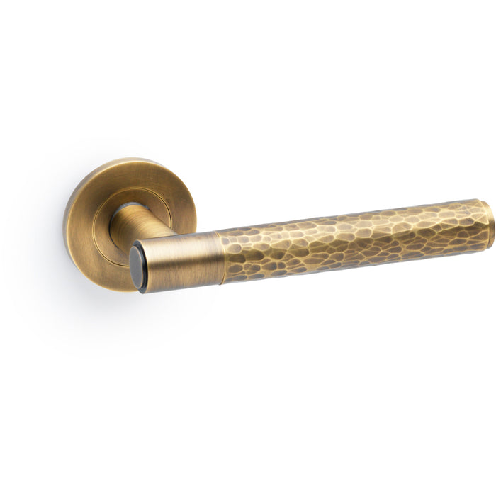 SOLID BRASS Hammered Door Handle Set - Italian Brass Straight Lever Round Rose