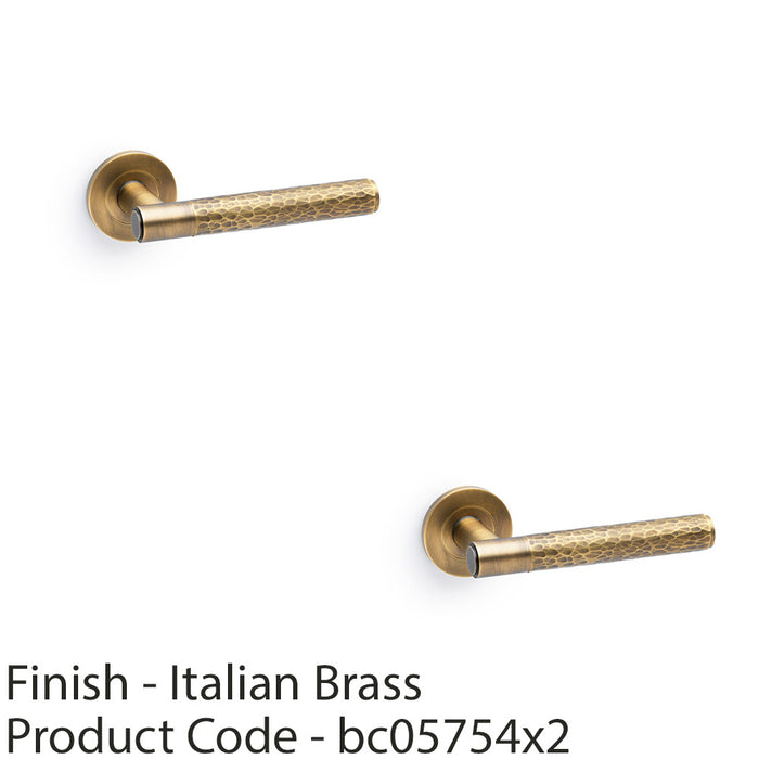 2 PACK SOLID BRASS Hammered Door Handle Set Italian Brass Straight Round Rose 1