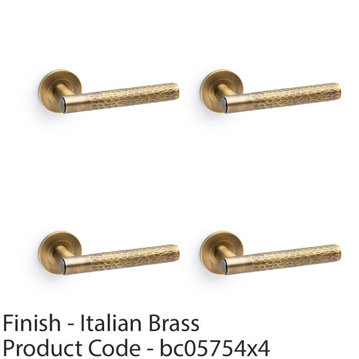 4 PACK SOLID BRASS Hammered Door Handle Set Italian Brass Straight Round Rose 1