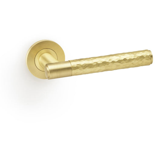 SOLID BRASS Hammered Door Handle Set - Satin Brass Straight Lever Round Rose