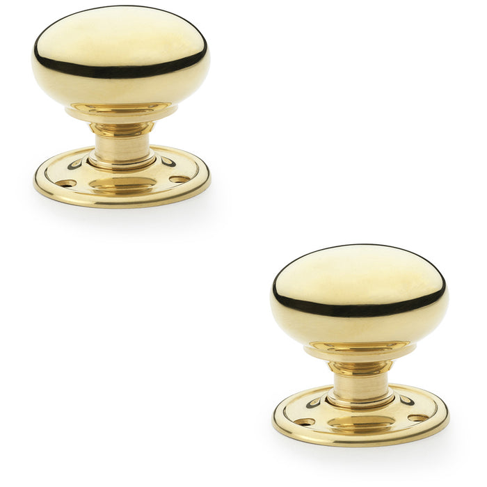 2x SOLID BRASS Mortice Smooth Mushroom Door Knob Polished Brass 51mm Diameter