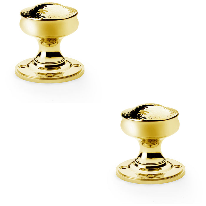 2 PACK SOLID BRASS Mortice Hammered Georgian Door Knob Polished Brass 50mm