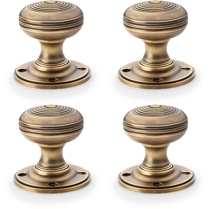 4 PACK SOLID BRASS Classic Ringed Mortice Door Knob Antique Brass 50mm Diameter