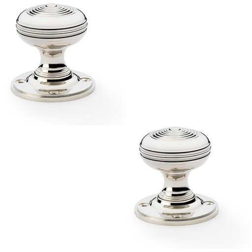 2x SOLID BRASS Classic Ringed Mortice Door Knob Polished Nickel 50mm Diameter