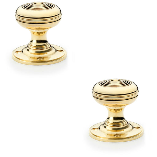 2 PACK SOLID BRASS Classic Ringed Mortice Door Knob Polished Brass 50mm Diameter