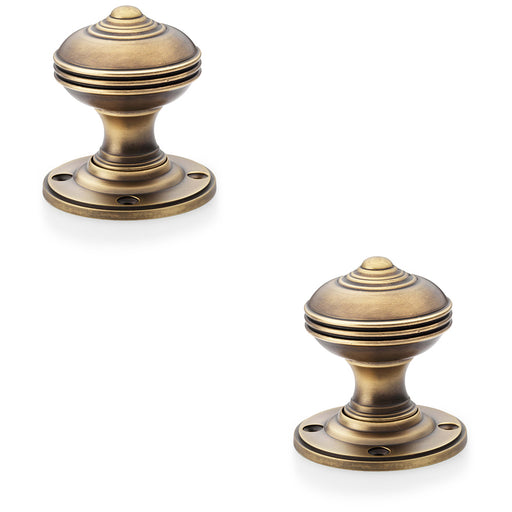 2 PACK SOLID BRASS Classic Reeded Mortice Door Knob Antique Brass 50mm Diameter