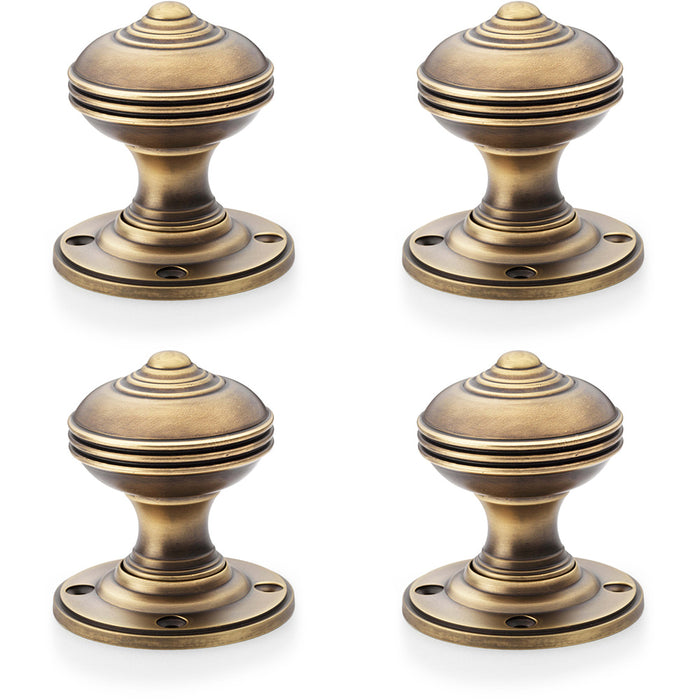 4 PACK SOLID BRASS Classic Reeded Mortice Door Knob Antique Brass 50mm Diameter