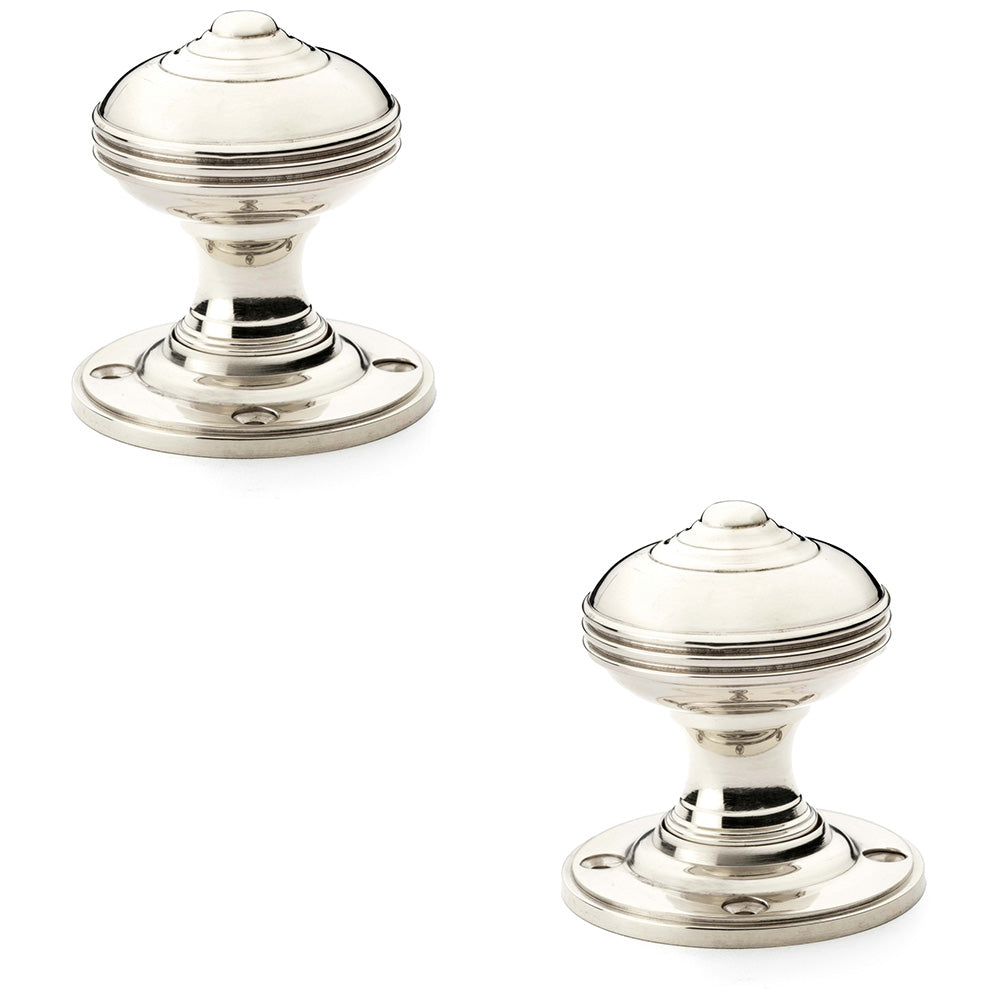 2x SOLID BRASS Classic Reeded Mortice Door Knob Polished Nickel 50mm Diameter