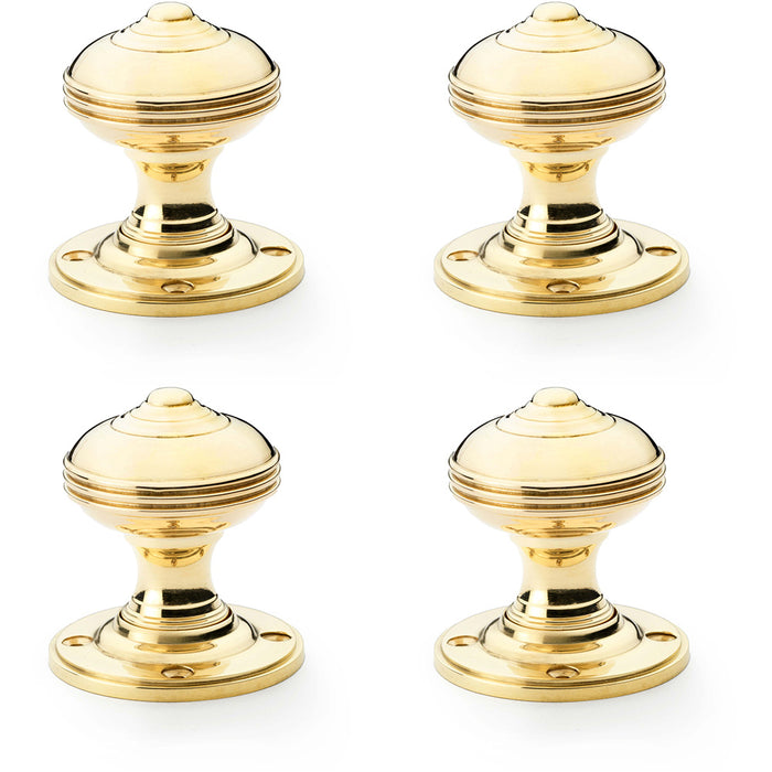 4 PACK SOLID BRASS Classic Reeded Mortice Door Knob Polished Brass 50mm Diameter