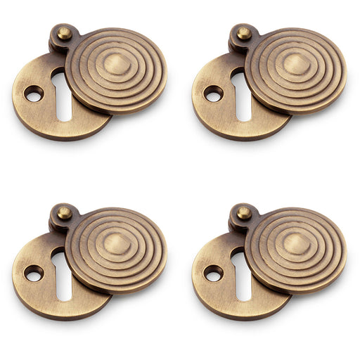 4 PACK Round Standard Lock Profile Escutcheon & Ringed Swing Cover Antique Brass