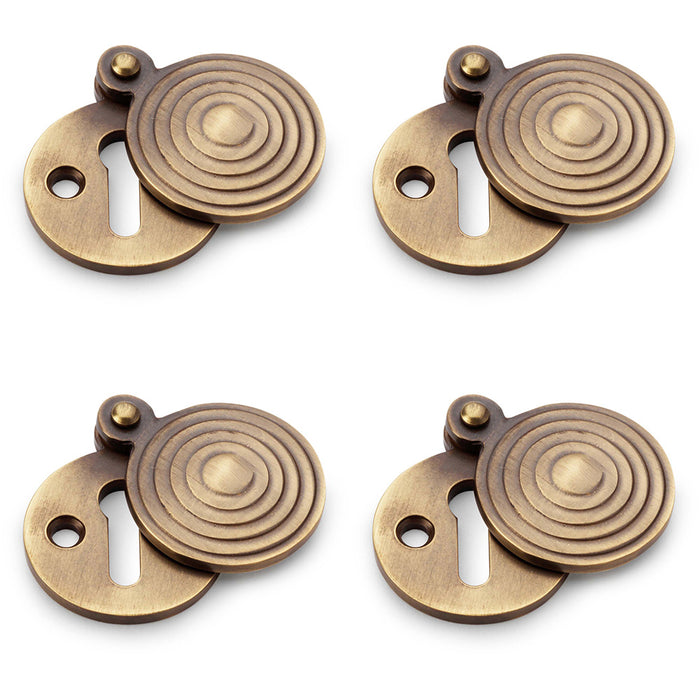 4 PACK Round Standard Lock Profile Escutcheon & Ringed Swing Cover Antique Brass