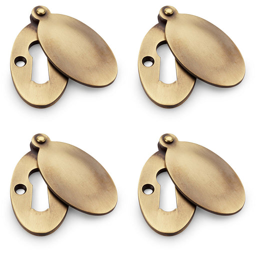 4 PACK Oval Standard Lock Profile Escutcheon & Smooth Swing Cover Antique Brass