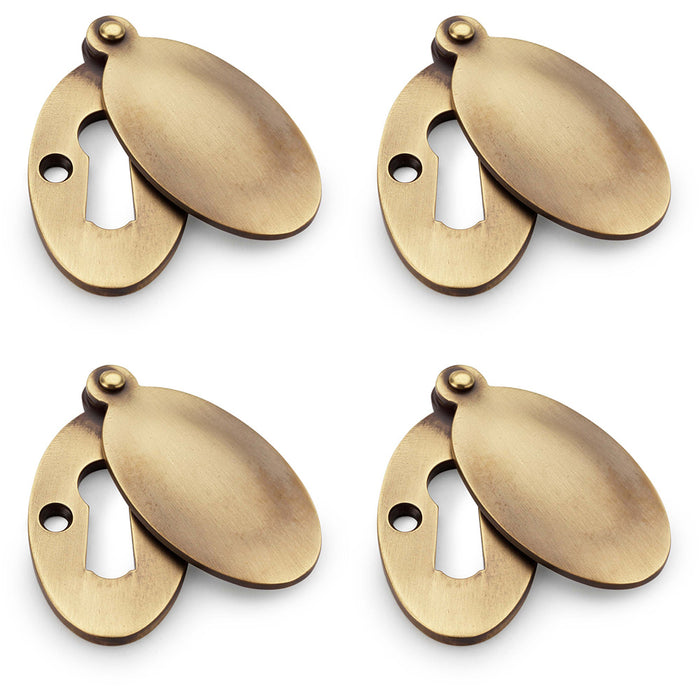 4 PACK Oval Standard Lock Profile Escutcheon & Smooth Swing Cover Antique Brass