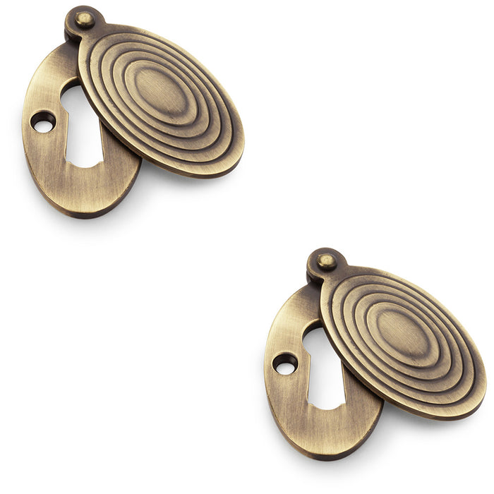 2 PACK Oval Standard Lock Profile Escutcheon & Ringed Swing Cover Antique Brass