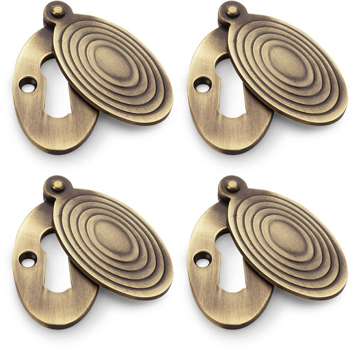 4 PACK Oval Standard Lock Profile Escutcheon & Ringed Swing Cover Antique Brass