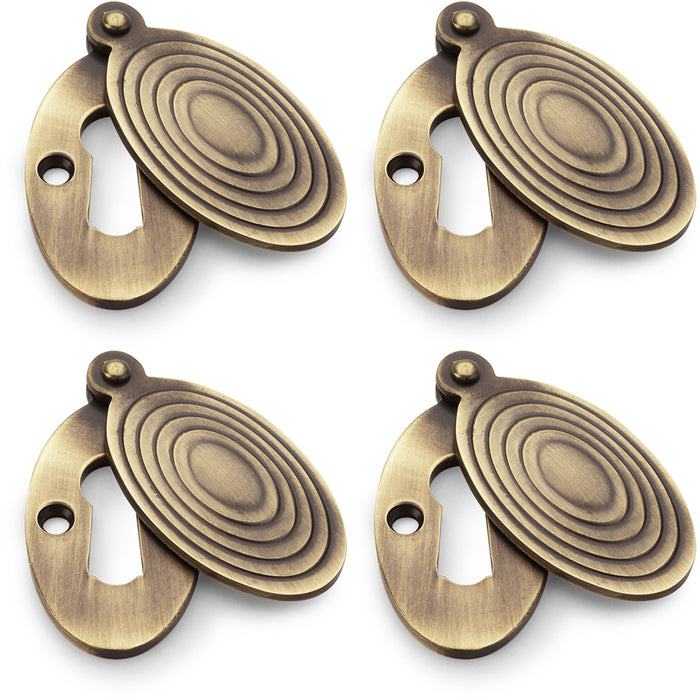 4 PACK Oval Standard Lock Profile Escutcheon & Ringed Swing Cover Antique Brass