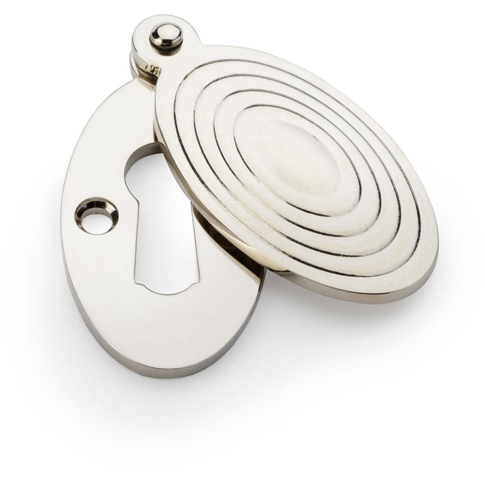 Oval Standard Lock Profile Escutcheon & Ringed Swing Cover - Polished Nickel