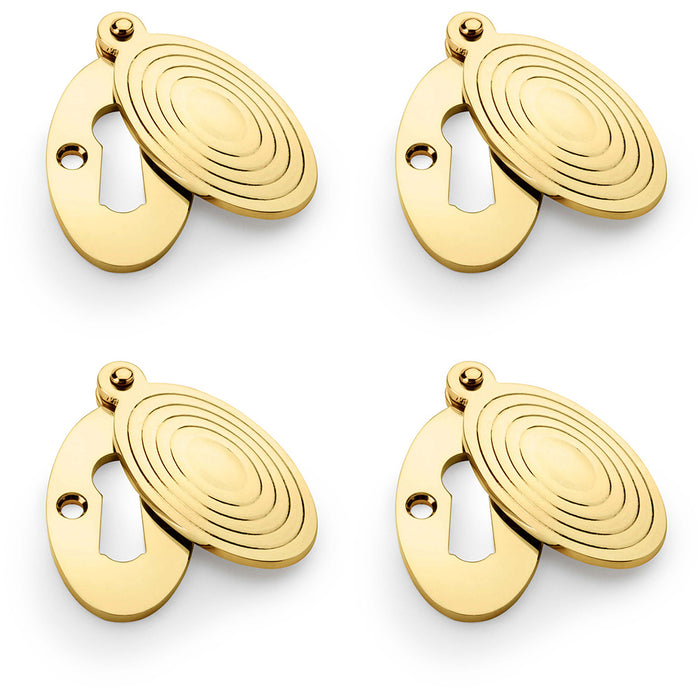 4 PACK Oval Standard Lock Profile Escutcheon Ringed Swing Cover Unlaquered Brass