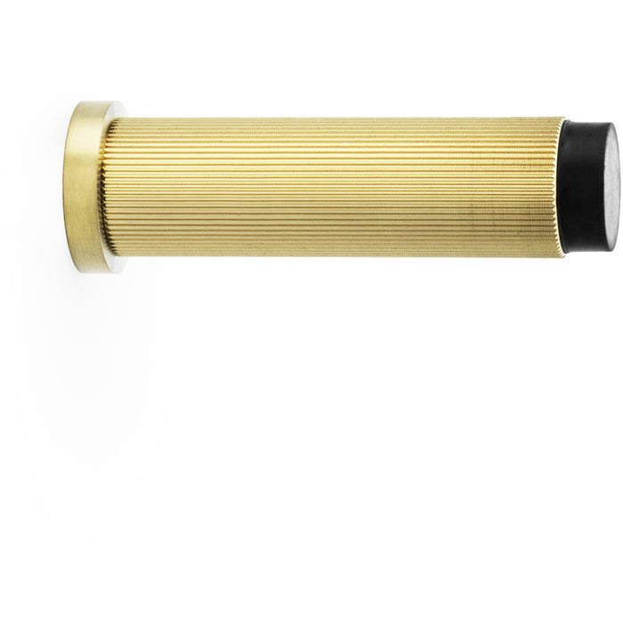 Rubber Tip Reeded Wall Mounted Doorstop - Satin Brass 75mm Cylinder Lined Door