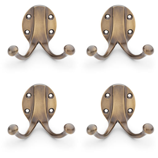 4x SOLID BRASS Traditional Double Robe Hook Wall Mounted Holder Antique Bronze