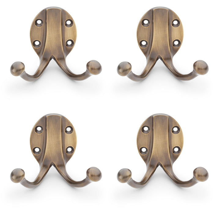 4x SOLID BRASS Traditional Double Robe Hook Wall Mounted Holder Antique Bronze