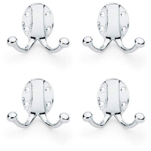 4 PACK SOLID BRASS Traditional Double Robe Hook Wall Holder Polished Chrome