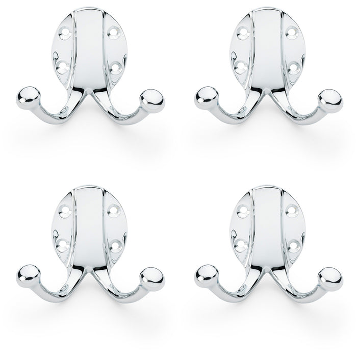 4 PACK SOLID BRASS Traditional Double Robe Hook Wall Holder Polished Chrome