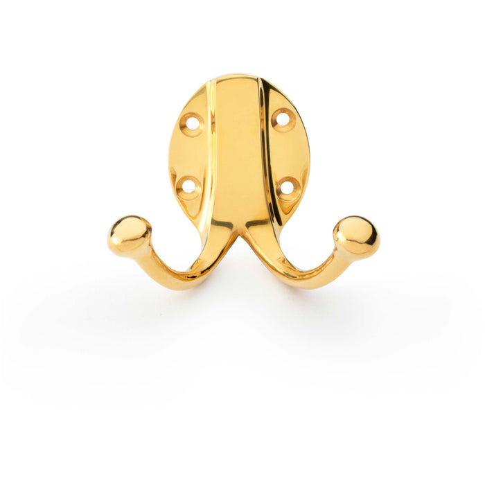 SOLID BRASS Traditional Double Robe Hook - Wall Mounted Holder - Polished Brass