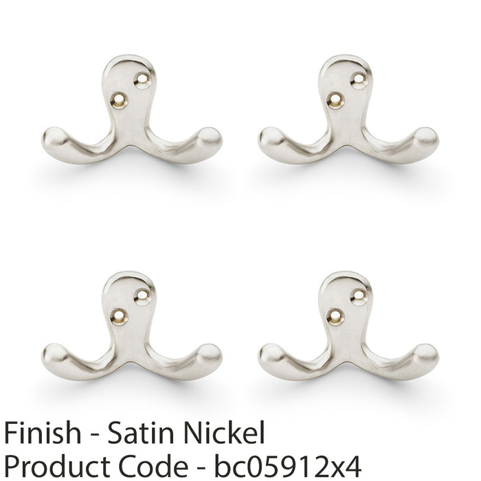 4 PACK SOLID BRASS Victorian Double Robe Coat Hook Wall Holder Satin Nickel 1