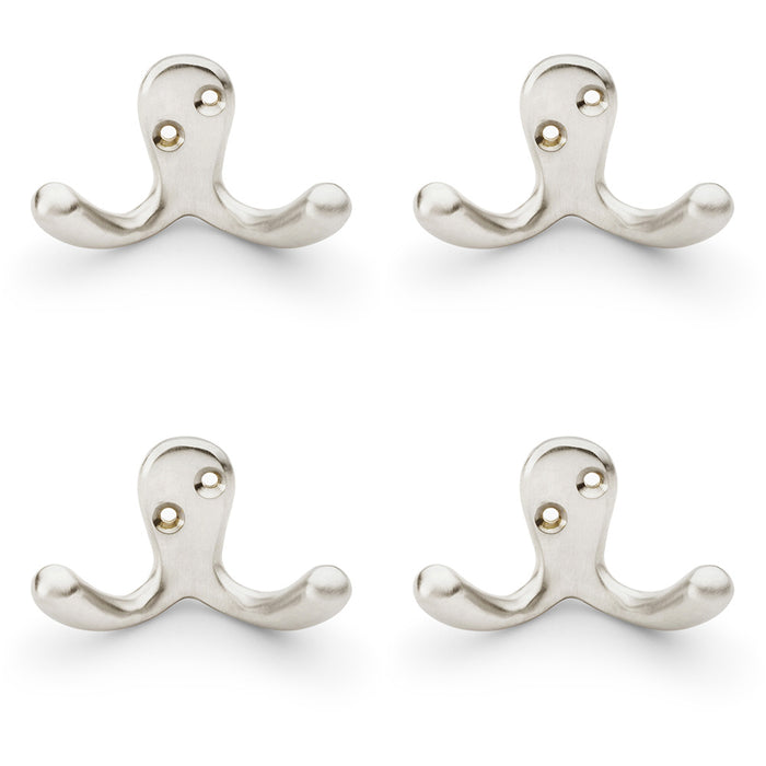 4 PACK SOLID BRASS Victorian Double Robe Coat Hook Wall Holder Satin Nickel