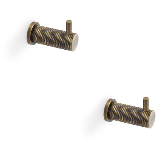 2 PACK SOLID BRASS Knurled Single Robe Coat Hook Wall Holder Antique Brass