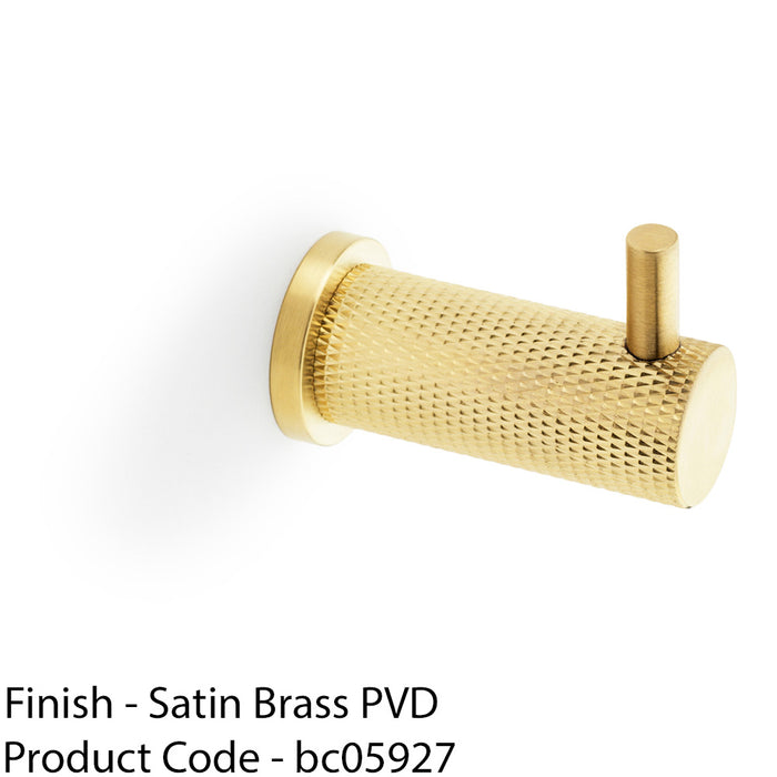 SOLID BRASS Knurled Single Robe Coat Hook - Wall Mounted Holder - Satin Brass 1