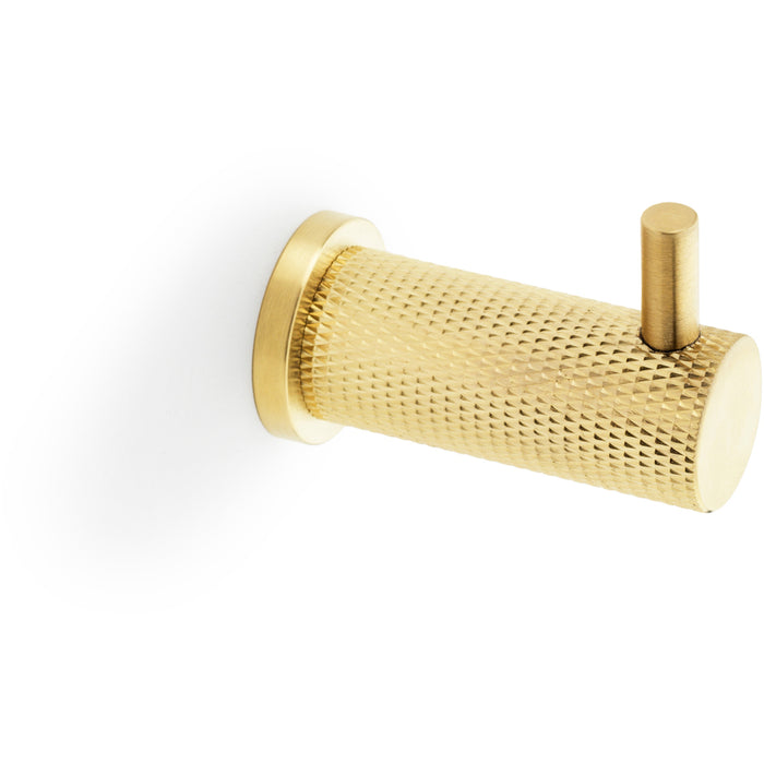 SOLID BRASS Knurled Single Robe Coat Hook - Wall Mounted Holder - Satin Brass