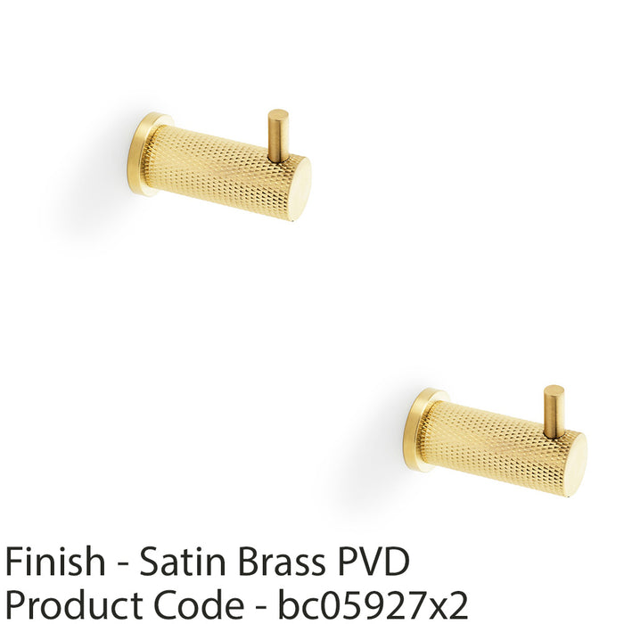 2 PACK SOLID BRASS Knurled Single Robe Coat Hook Wall Mounted Holder Satin Brass 1