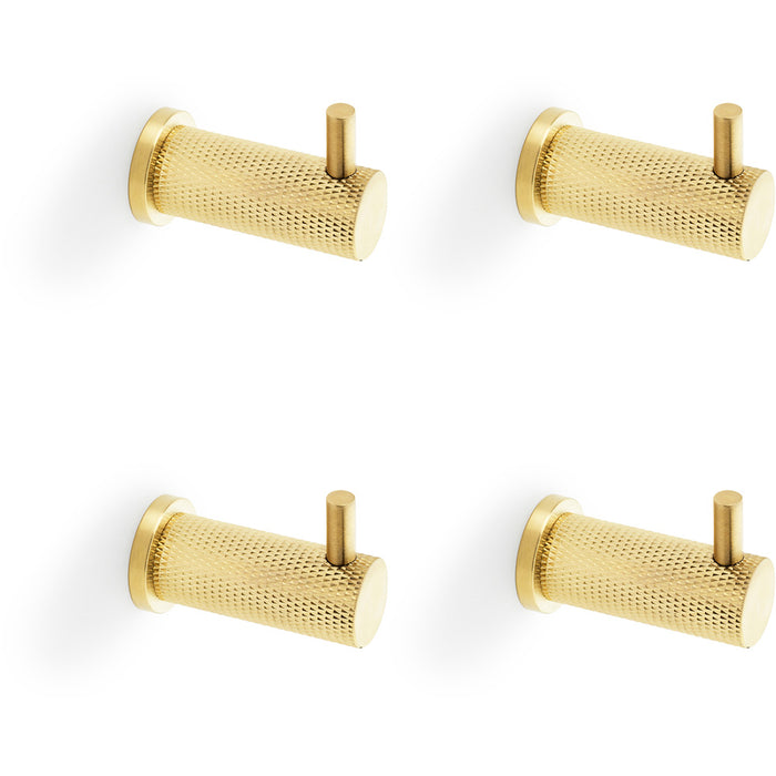 4 PACK SOLID BRASS Knurled Single Robe Coat Hook Wall Mounted Holder Satin Brass