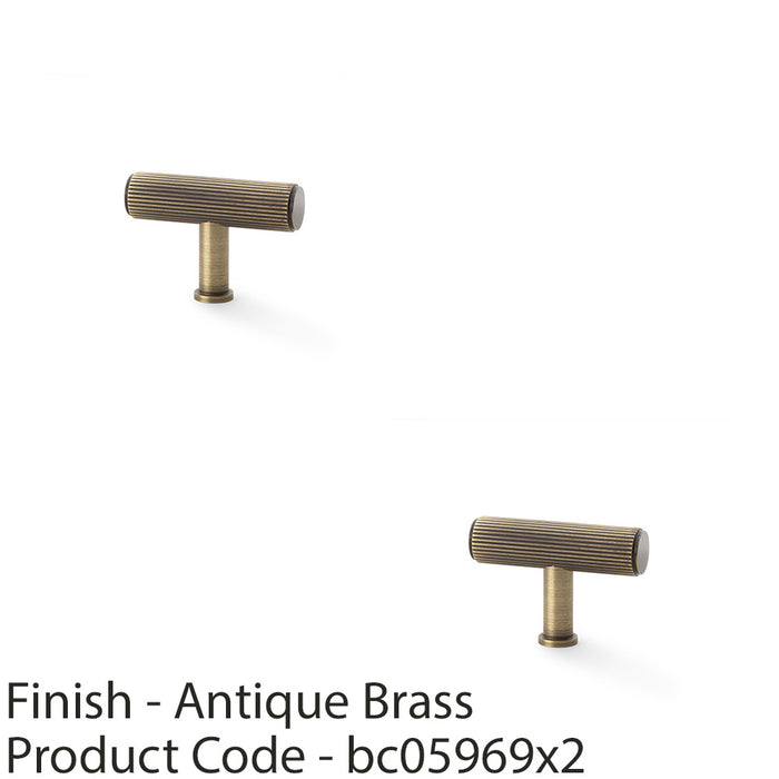 2 PACK Reeded T Bar Cupboard Door Knob 55mmx38mm Antique Brass Lined Pull Handle 1