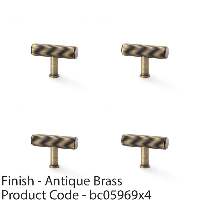 4 PACK Reeded T Bar Cupboard Door Knob 55mmx38mm Antique Brass Lined Pull Handle 1