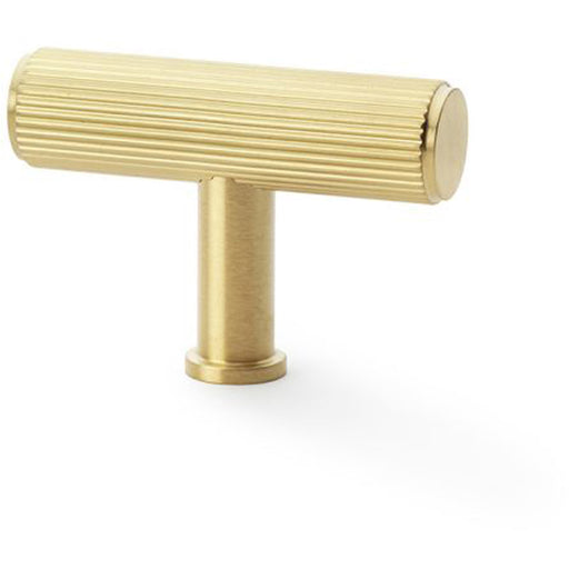 Reeded T Bar Cupboard Door Knob - 55mm x 38mm Satin Brass Lined Pull Handle