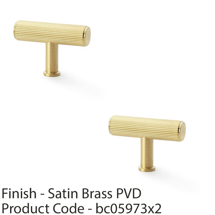 2 PACK Reeded T Bar Cupboard Door Knob 55mm x 38mm Satin Brass Lined Pull Handle 1