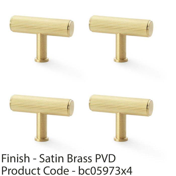4 PACK Reeded T Bar Cupboard Door Knob 55mm x 38mm Satin Brass Lined Pull Handle 1