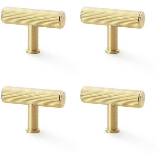 4 PACK Reeded T Bar Cupboard Door Knob 55mm x 38mm Satin Brass Lined Pull Handle