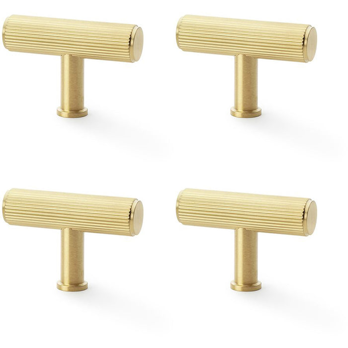 4 PACK Reeded T Bar Cupboard Door Knob 55mm x 38mm Satin Brass Lined Pull Handle