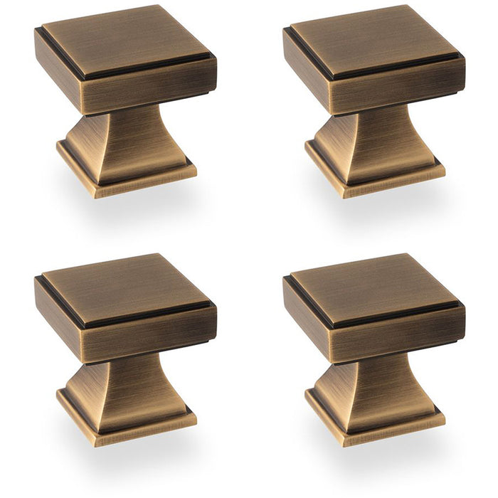 4 PACK Chunky Square Cupboard Door Knob 30mm Antique Brass Kitchen Pull Handle
