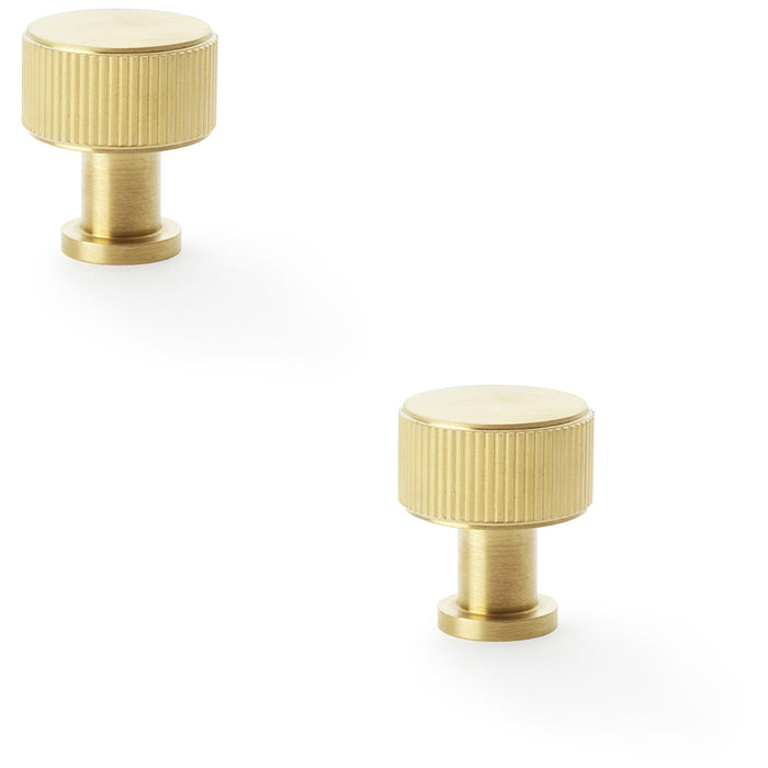 2 PACK Round Reeded Door Knob 29mm Satin Brass Lined Cupboard Pull Handle